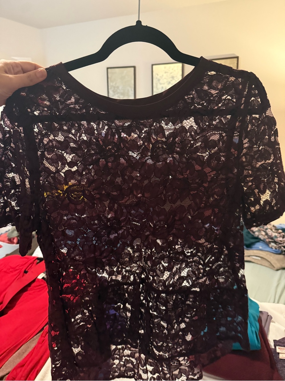 LOFT Burgundy Floral Lace Short Sleeve Top